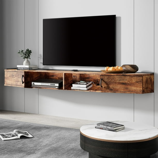 Floating TV Stand Wall Mounted Shelf Wood Media Console Entertainment Center Under TV Cabinet Hutch Desk Storage for Home and Office Rustic Brown Walmart Business Supplies