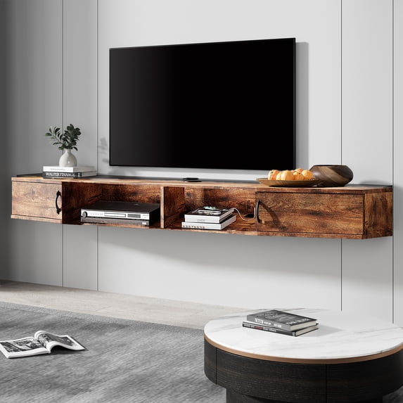 Floating TV Stand Wall Mounted Shelf,Wood Media Console Entertainment Center Under TV, Cabinet Hutch Desk Storage for Home and Office,Rustic Brown