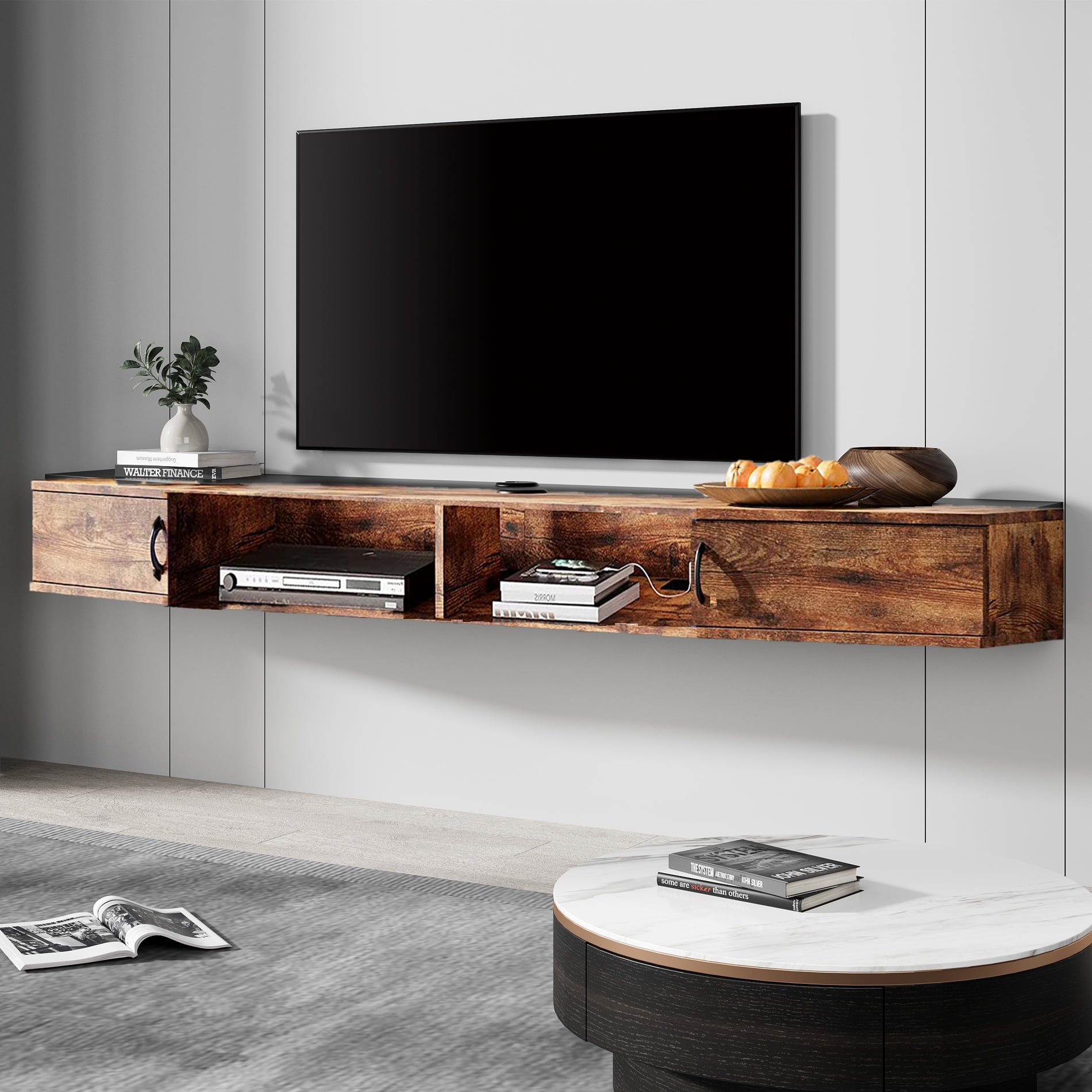 Floating TV Unit, 76'' Wall Mounted TV Cabinet, Floating Shelves with 4  Cabinets, Wood Entertainment Media Console Center Large Storage TV Bench  for