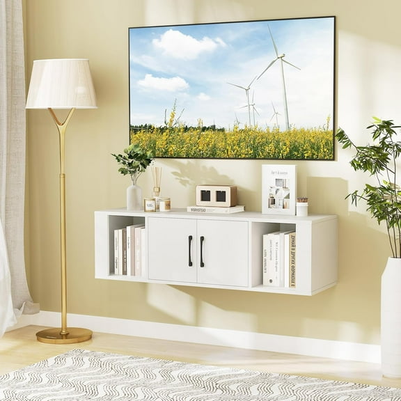 Floating TV Stand, Wall Mounted TV Console Table with Doors, Entertainment Media Center Under TV, Modern TV Cabinet for Living Room, Bedroom, Office, White