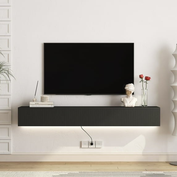 Floating TV Stand, Wall Mounted TV Shelf with Led Lights & Power Outlet,High Gloss TV Cabinet for Black tv Stands for Living Room