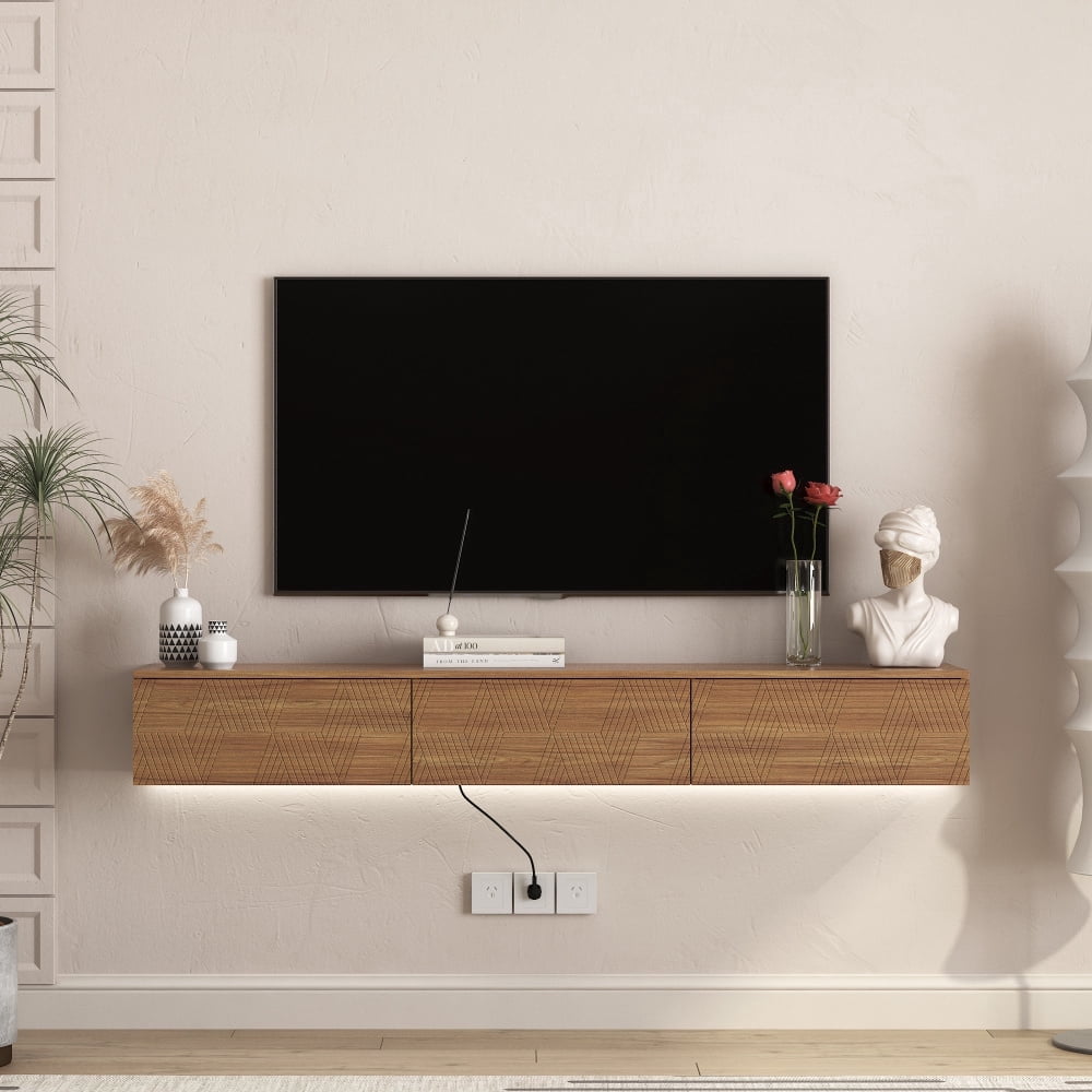 67" Floating TV Stand with 16-Color LED Lights, Wall Mounted Entertainment Center for 55/60/65 Inch TVs, Wood Finish