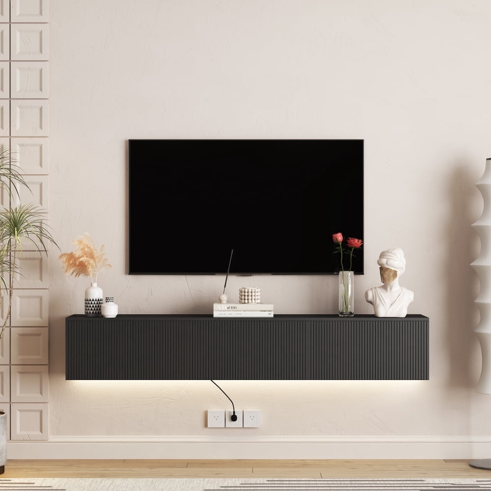69" Black Floating Wall Mounted TV Stand with 16-Color LED Lights, Modern Entertainment Center for 55/60/65 Inch TVs