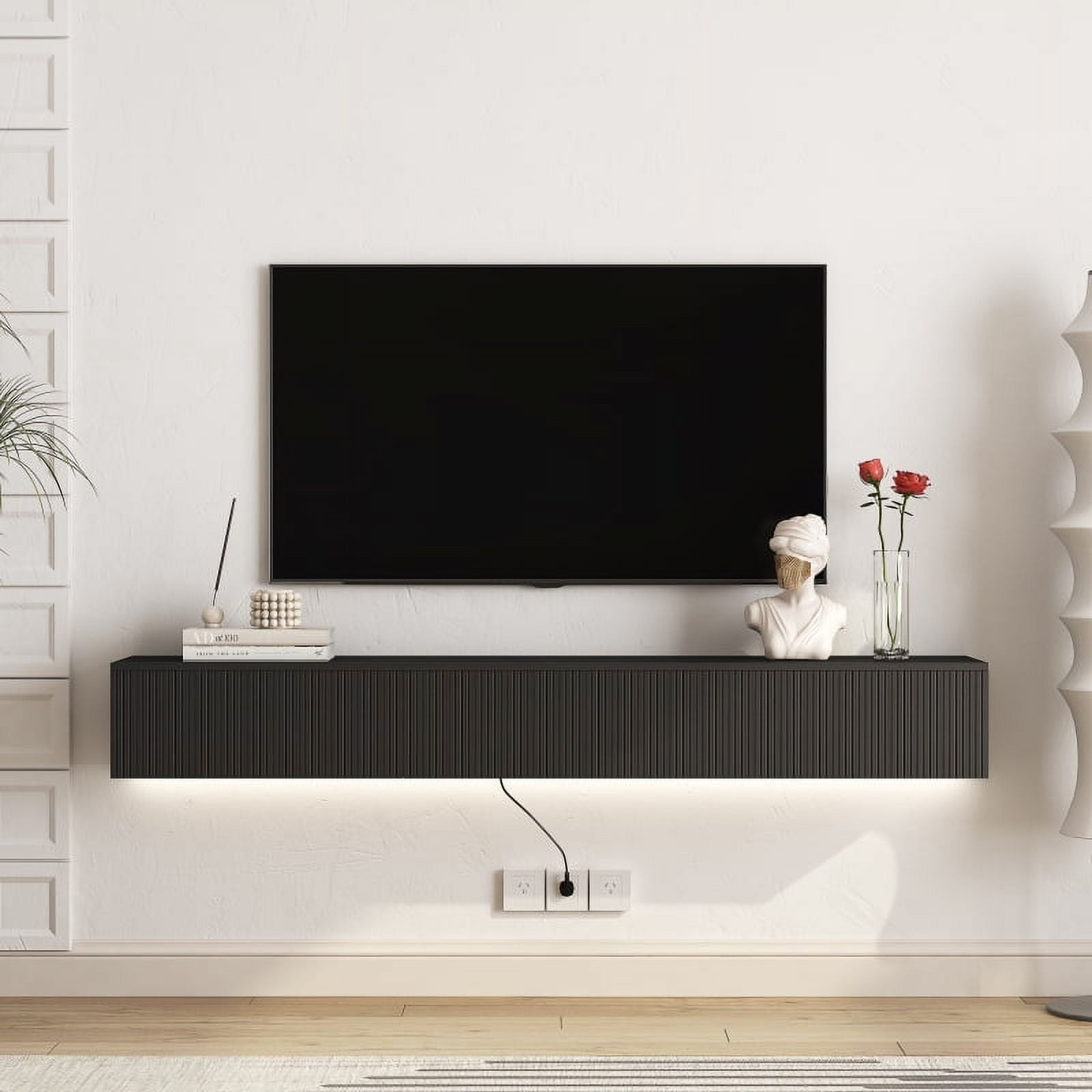 55" Floating TV Stand With LED Lights – Wall Mount Entertainment Center For 60-70 Inch TVs, Marble Finish, White