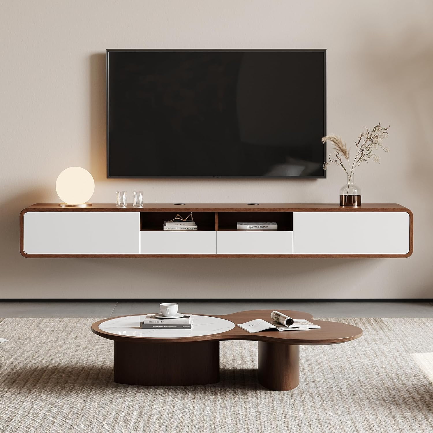 Floating TV Stand for Living Room, 71'' Mid Century Modern TV Console with 4 Drawers, Brown Wooden TV Stand Media Center TV Table, Fully Assembled