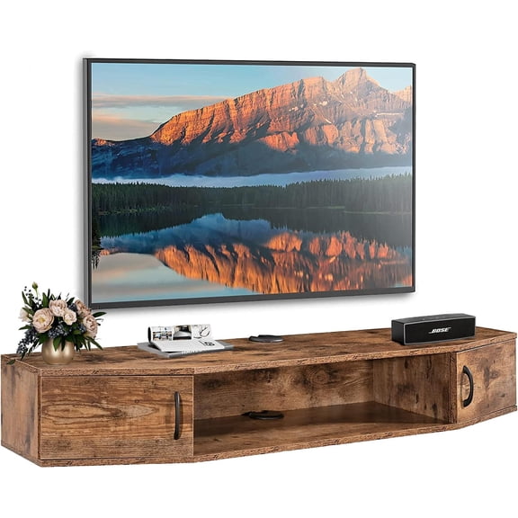 Floating TV Stand for TV up to 60", Wall Mounted TV Shelf with Door,Wood Media Console Entertainment Center Under TV,Brown