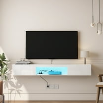 Floating TV Stand with 16-Color LED Lighting, Wall Mounted Entertainment Center with Power Outlet and Storage for 55-65 Inch TVs, White