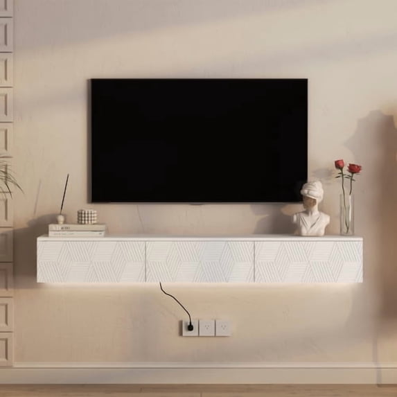 Floating TV Stand with 16-Color LED Lights & Power Outlet, 66.9” Wall Mounted High Gloss TV Shelf, Large Storage TV Cabinet for Living Room