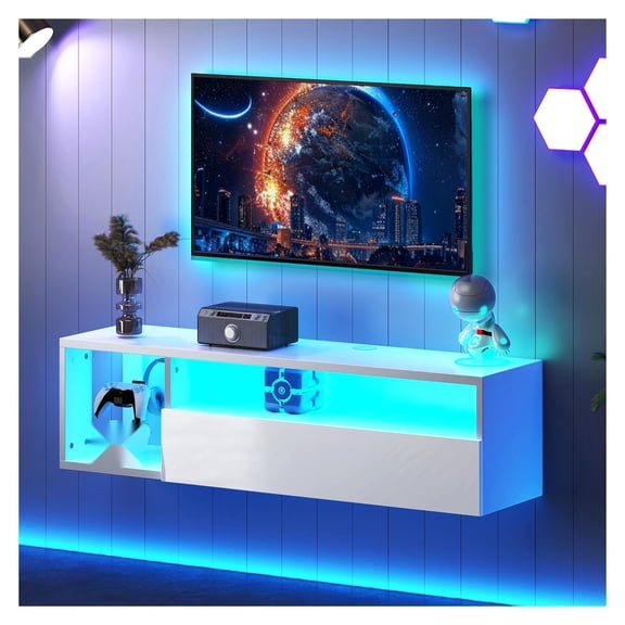 Floating TV Stand with LED Light,39.3 inch wall-mounted media console,under TV wall mount shelf,for bedroom and living room,White