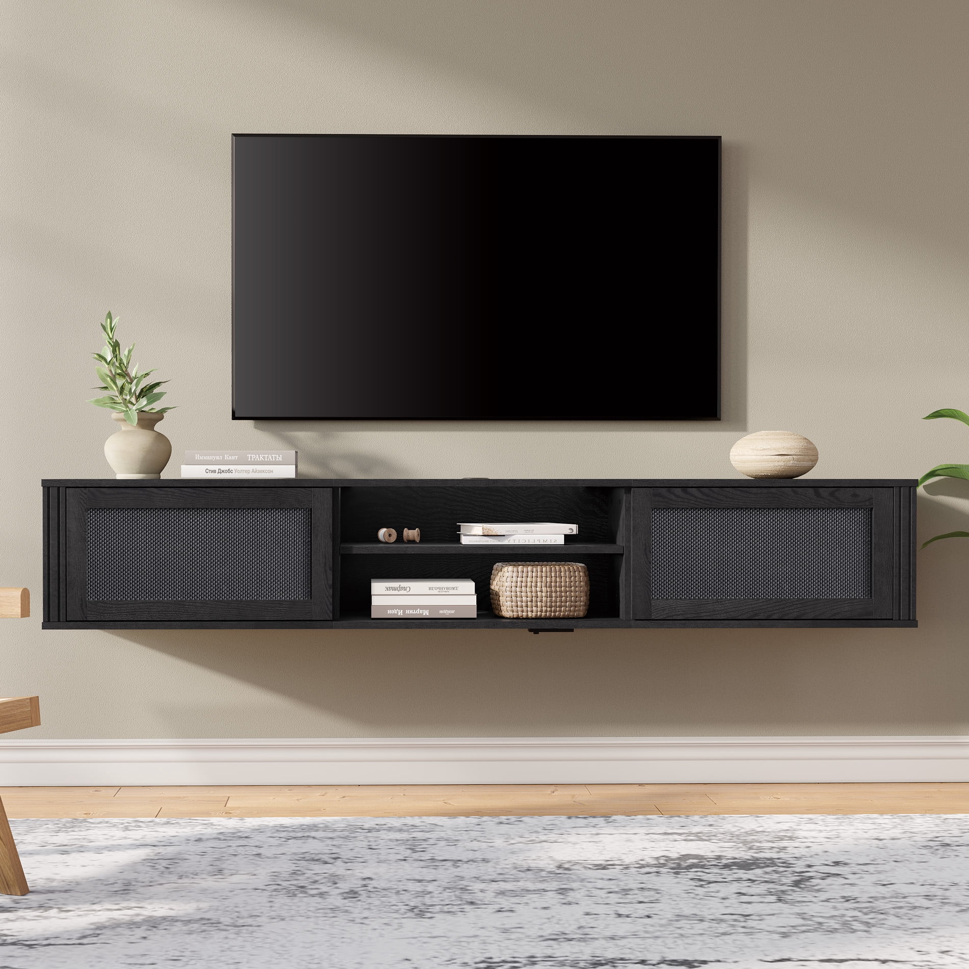 Floating TV Stand with Power Outlet and Rattan Doors，Black