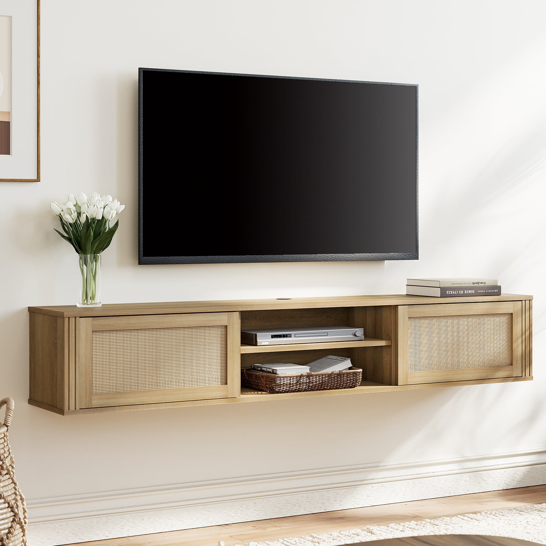 Floating TV Stand with Power Outlet and Rattan Doors，Oak