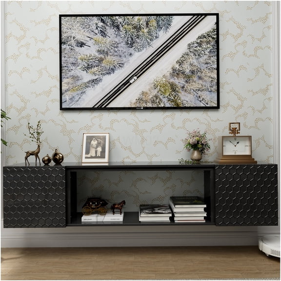 Floating TV Wall Mount Stand for 80 Inch TVs, Black MDF Media Console with Hidden Storage & Cable Management