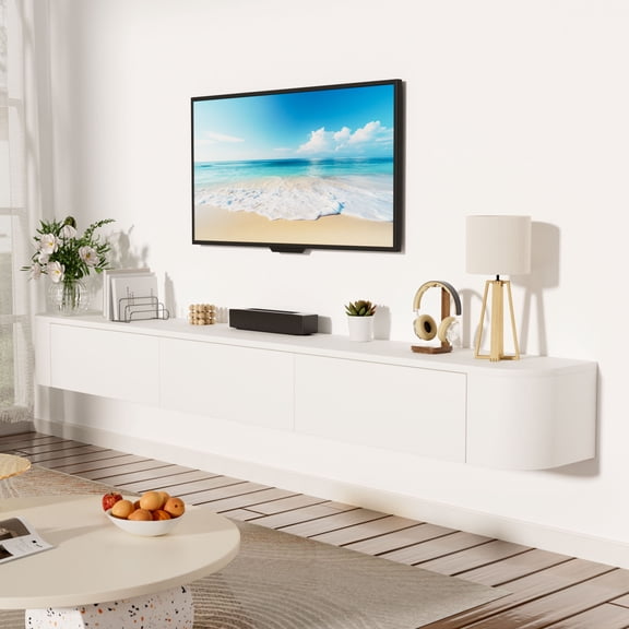 Floating TV stand Wall,Floating entertainment center TV Cabinet,Modern Wall Mounted Media Console with 2 Drawers and 1 silent cache door ,TV stands for living room Home Office (White, 70.8'')