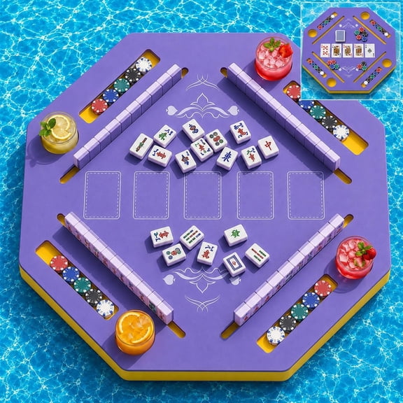Floating Table for Pool, 31.5in Foldable with Drink Holders, Waterproof 2-in-1 for Mahjong, Texas Hold'em, Domino, Hot Tub, Camping, Backyard, Summer Party
