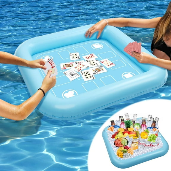 Floating Table for Pool Game with Waterproof Playing Cards, 35.5 x 35.5 in Floating Card Table for Pool, Inflatable Floating Pool Game Table for Adults Family Party (Blue)