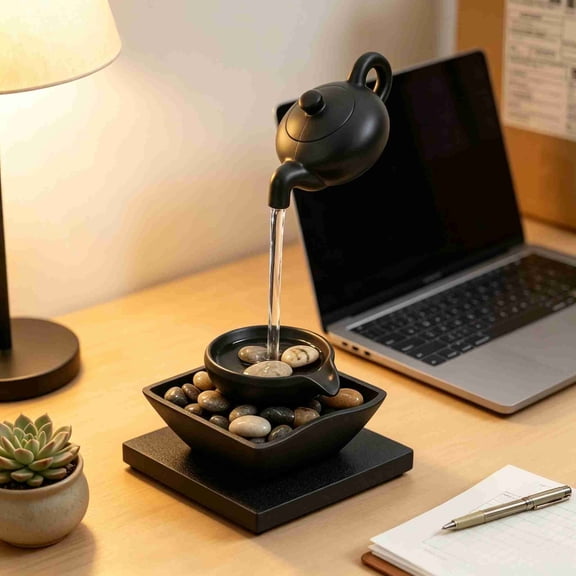 Floating Teapot Water Fountain for Home Decor, Magical Levitating Teapot Optical Illusion with Pebbles, Plastic Indoor Tabletop Fountain for Living Room Office Desk Decoration