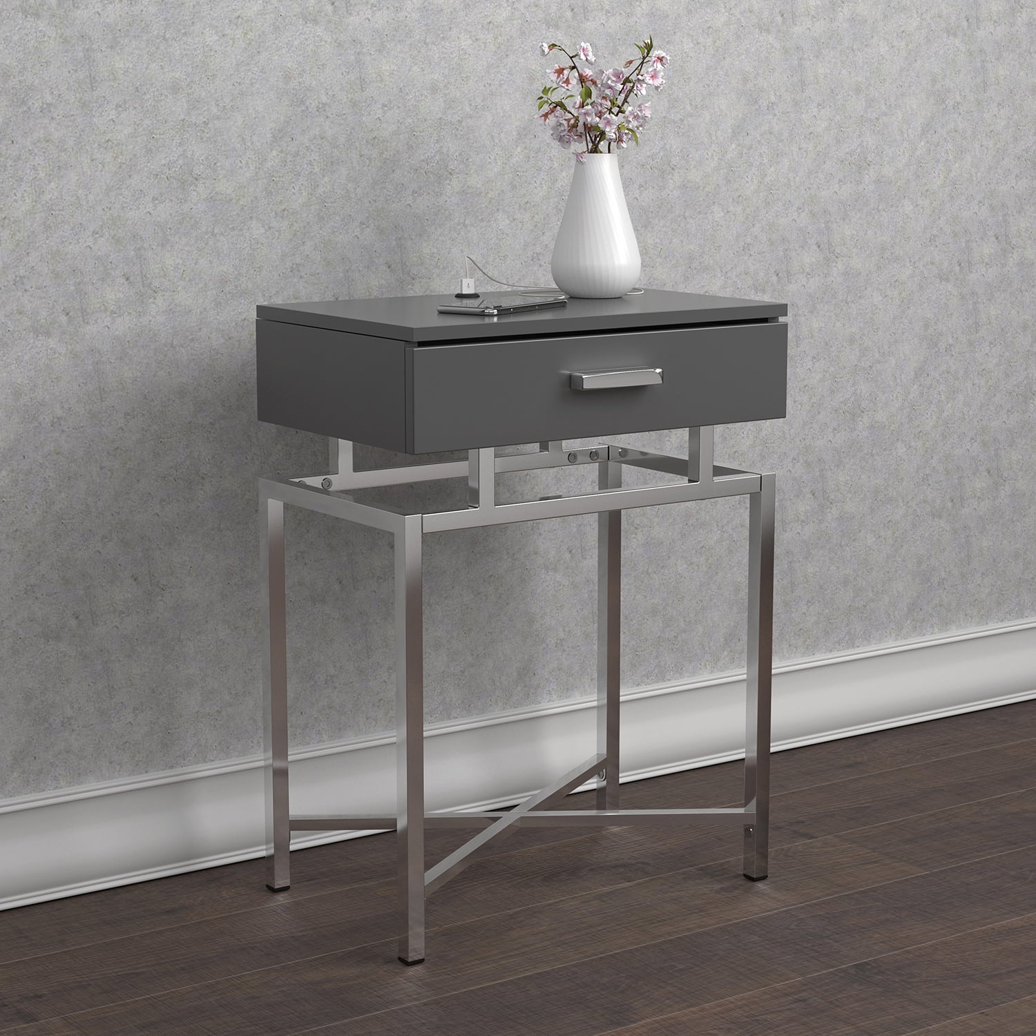 Gray High Gloss Rectangular Accent Table with Chrome Base and Storage