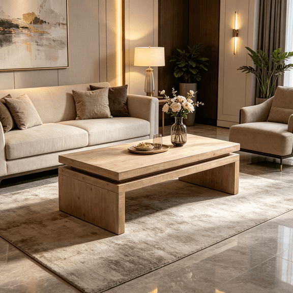 Floating Top Rustic Coffee Table, Natural Wood Wash Rectangular Center Table for Modern Farmhouse Living Room