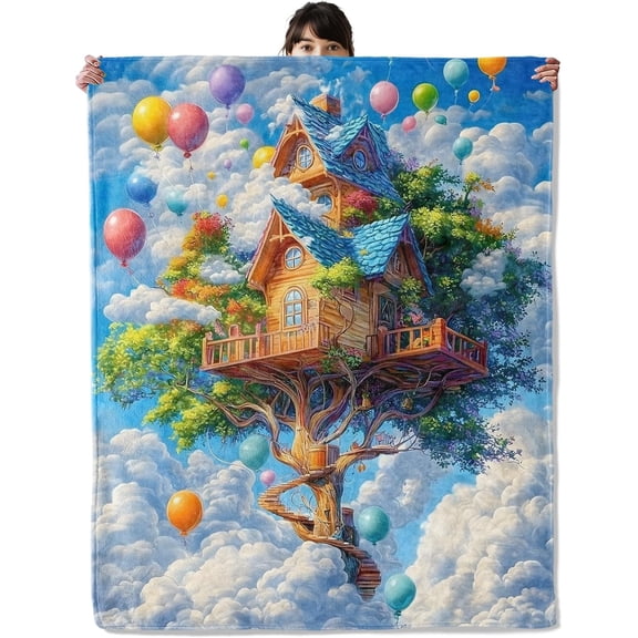 Floating Tree House Blanket, Cozy Flannel Cloud Balloon Throw Blanket, Soft Fuzzy Blankets for Travel Home Decor, All Season Lightweight Couch Bed Cover, Gifts for Women Adults Kids 50×60