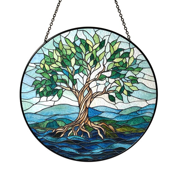 Floating Tree Ocean Stained Glass Window Hanging, Nature Suncatcher Decor