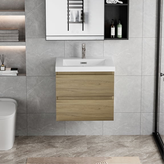 Floating Vanity in Natural Oak | Wall-mounted Storage for Bathroom Essentials | Durable Timber Construction