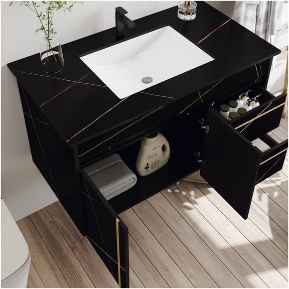 Floating Vanity with Sink, Faux Marble Countertop and Soft-Close Drawers