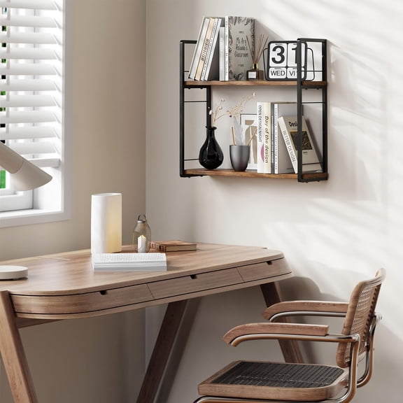 @@Floating Wall Bookshelves 2-Layer 16in, Stud Mount Hanging Book Storage Shelves, Space Saver for Living Room Bedroom Office Bedside, Dark Brown