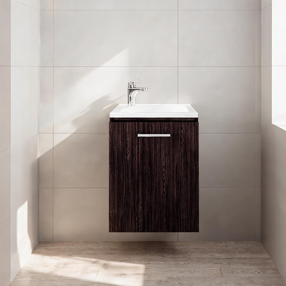 Floating Wall-Mounted Bathroom Vanity, Wood-Tone Brown Particle Board, Integrated Sink, Concealed Storage for Small Bathrooms
