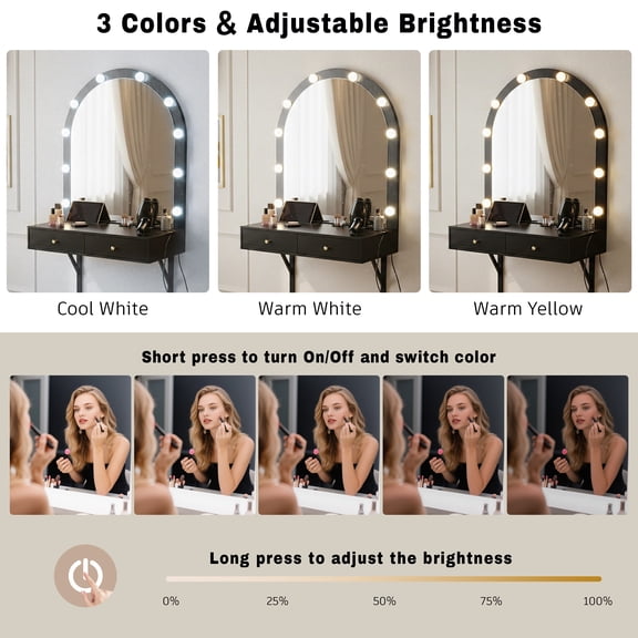 Floating Wall Mounted Makeup Vanity Desk with LED Mirror 3 Color Lights, Compact Dressing Table with Power Outlet & USB Charging, Space Saving Large Storage Vanity for Bedroom Bathroom, Black