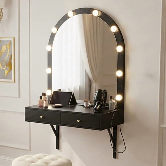 Floating Wall Mounted Makeup Vanity Desk with LED Mirror 3 Color Lights, Compact Dressing Table with Power Outlet & USB Charging, Space Saving Large Storage Vanity for Bedroom Bathroom, Black