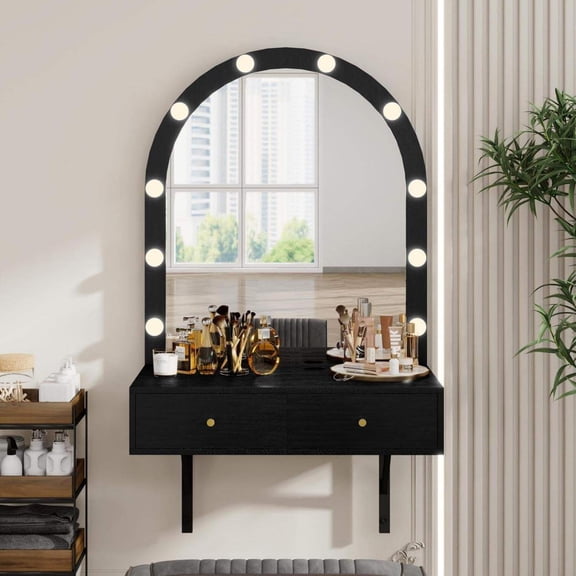 Floating Wall-Mounted Makeup Vanity Desk with LED Mirror, Storage & Charging Ports (Black)