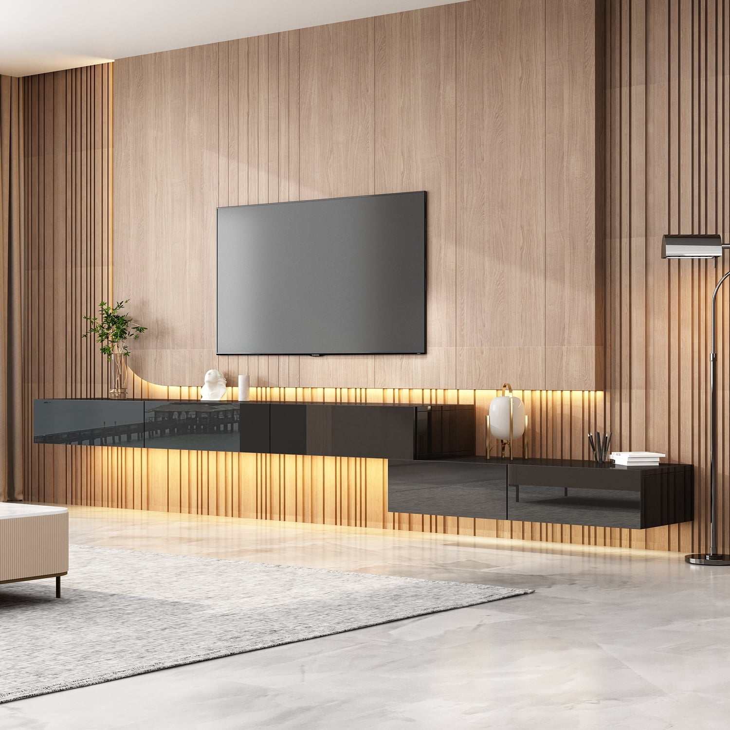 KULAGAGA Floating Wall Mounted TV Stand Media Console with High Gloss Drawers and Led Lights for Living Room, Black