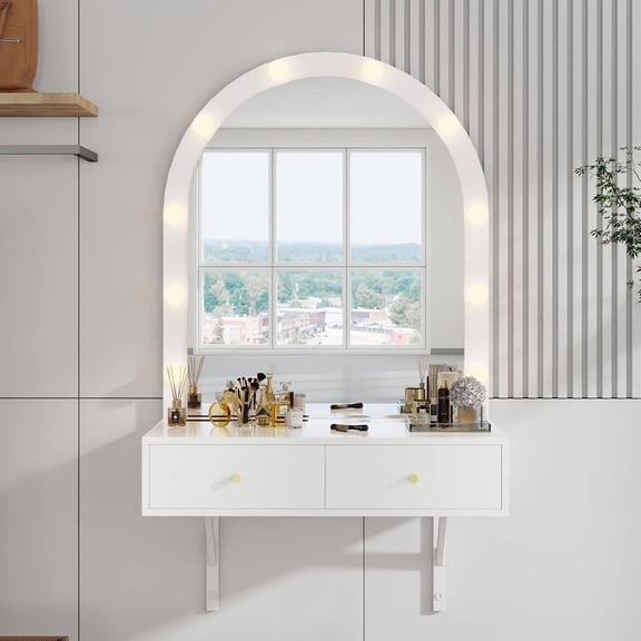 Floating Wall-Mounted Vanity Desk with Mirror, Storage & Charging Ports, 66 lbs Capacity (White)