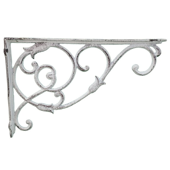 Floating Wall Shelf Bracket Ornate Vine Distressed White Cast Iron Large 13.5" Deep by Flag Emotes