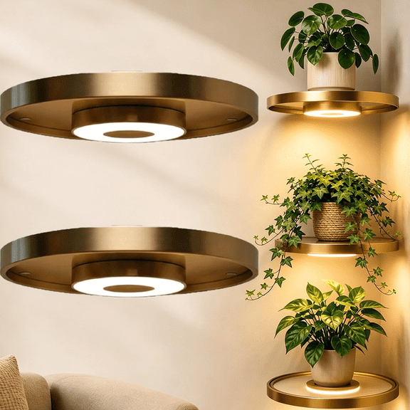 Floating Wall Shelf with Built-in Ambient LED Light, Modern Luxury Metal, Plant Display & Light Duo, Space-Saving, Invisible Mount, RGB Glow, for Bedroom, Living Room (2 pcs)