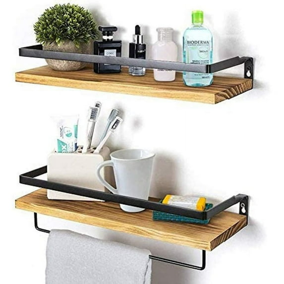 Floating Wall Shelf Wood Wall Mounted Floating Shelves with Towel Rack Rustic Storage Shelves Ideal for Living Room Bedroom Hallway Bathroom 2 Pieces