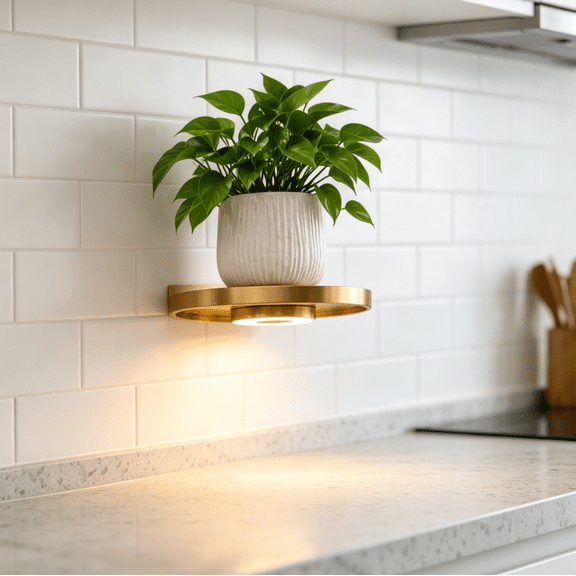 Floating Wall Shelf with Built-in Ambient LED Light, Metal Wall Mount Plant Display Rack, Soft Warm Glow Decor Shelf for All Rooms