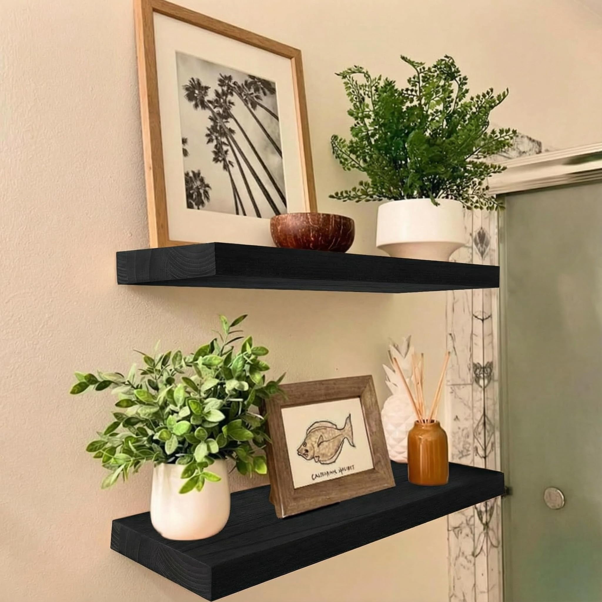 Floating Wall Shelves 16 Inch Bathroom Shelving Mounted Invisible Shelf Kitchen Wooden With Brackets For Living Room Easy Install Set Of 2 Black