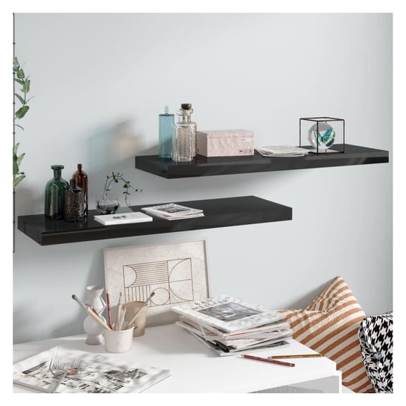 Floating Wall Shelves 2 Pcs - High Gloss Black 31.5x9.3 Inch MDF Display Shelves - Modern Wall Mounted Shelves for Books, Ornaments & Home Decor