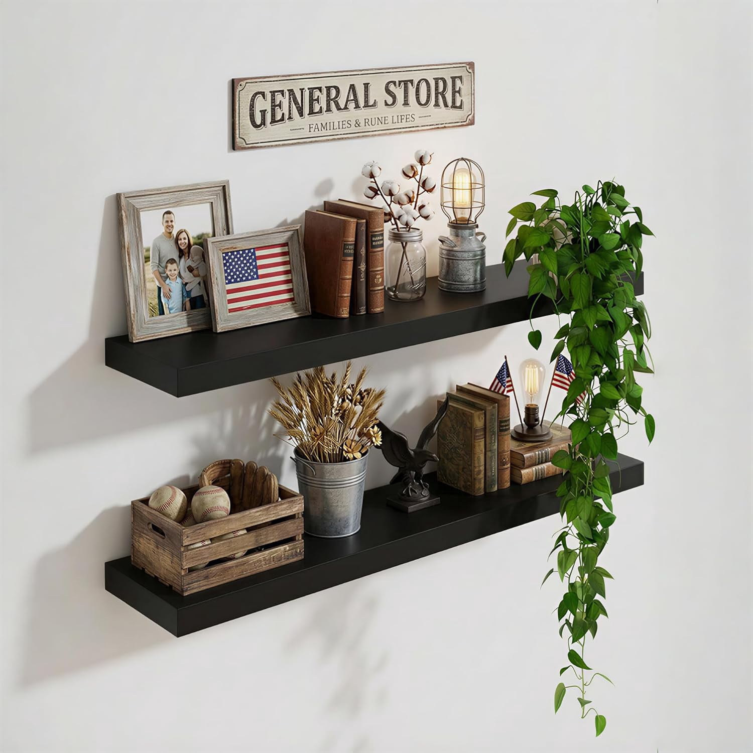 Floating Wall Shelves 24 inch,Bathroom Shelf Wall Mounted,Invisible Shelves Floating Kitchen Shelving,Wooden Wall Shelf with Brackets for Living Room Wall Mounted,Easy Install,Set of 2,Black