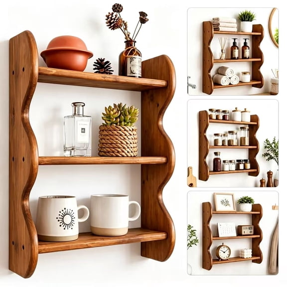 Floating Wall Shelves, 3-Tier 100% Solid Wood Rustic Wall Mounted Storage Shelf, Wave Design Farmhouse Hanging Display Rack, Decorative Wall Shelves for Living Room, Bedroom, Apartment and Bathroom