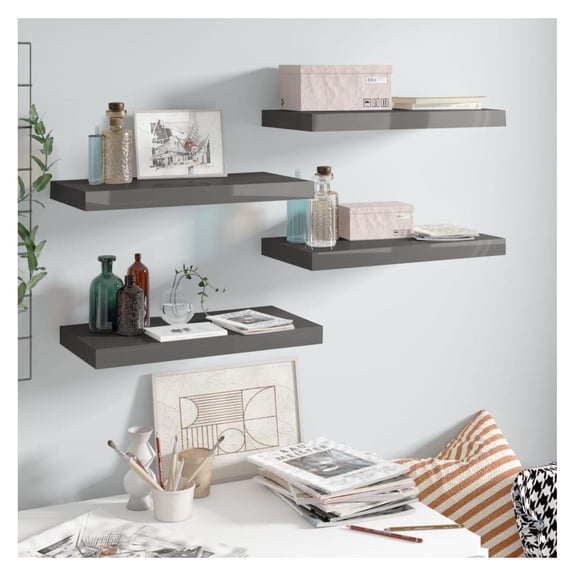 Floating Wall Shelves 4 Pcs - 19.7x9.1x1.5" High Gloss Gray MDF Display Shelves - Modern Home Decor Shelving Units - Invisible Mount Design Grey