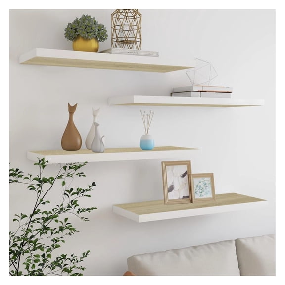 Floating Wall Shelves 4 Pcs - Oak & White 31.5x9.3x1.5" MDF Display Shelves - Modern Home Decor Shelving Units - Easy Install Invisible Mount