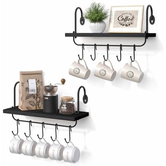 Floating Wall Shelves for Kitchen Bathroom Coffee Nook with 10 Adjustable Hooks for Mugs Cooking Utensils or Towel Rustic Storage Shelves Set of 2/17x5.9 inch (Black)