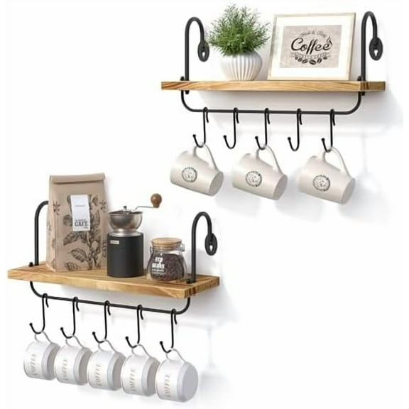 Floating Wall Shelves for Kitchen Bathroom Coffee Nook with 10 Adjustable Hooks for Mugs Cooking Utensils or Towel Rustic Storage Shelves Set of 2/17x5.9 inch (Carbonized Black)