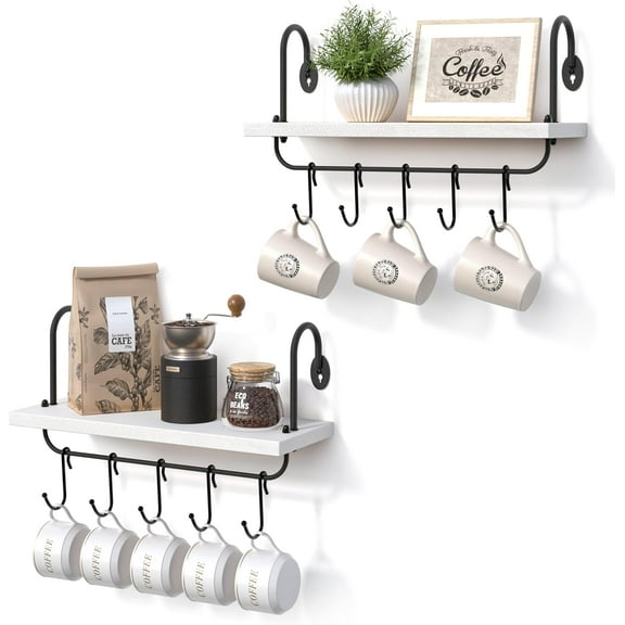 Floating Wall Shelves for Kitchen Bathroom Coffee Nook with 10 Adjustable Hooks for Mugs Cooking Utensils or Towel Rustic Storage Shelves Set of 2/17x5.9 inch (White)