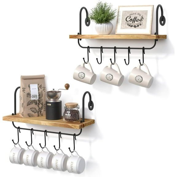 Floating Wall Shelves for Kitchen Bathroom Coffee Nook with 10 Adjustable Hooks for Mugs Cooking Utensils or Towel Rustic Storage Shelves Set of 2/17x5.9 inch (White)