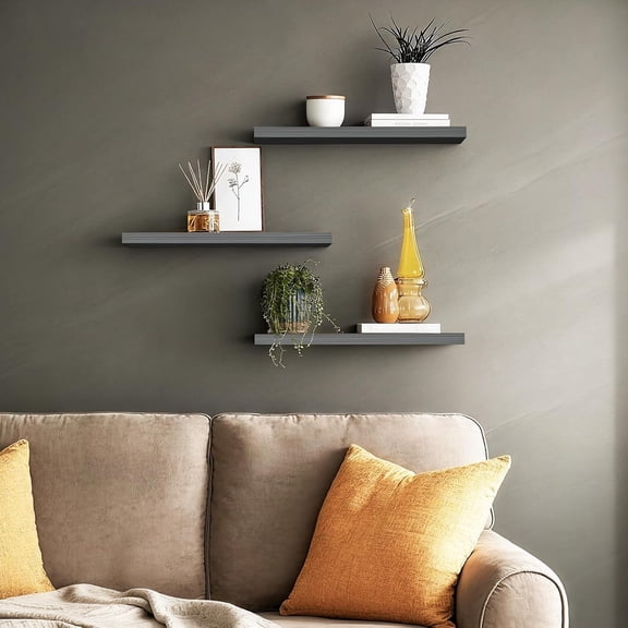Grey Floating Wall Shelves Set of 3, 22.5 Inch Wood Shelves with Hidden Metal Brackets, Wall Mounted Storage for Bedroom, Living Room, Kitchen, Holds 22LBS
