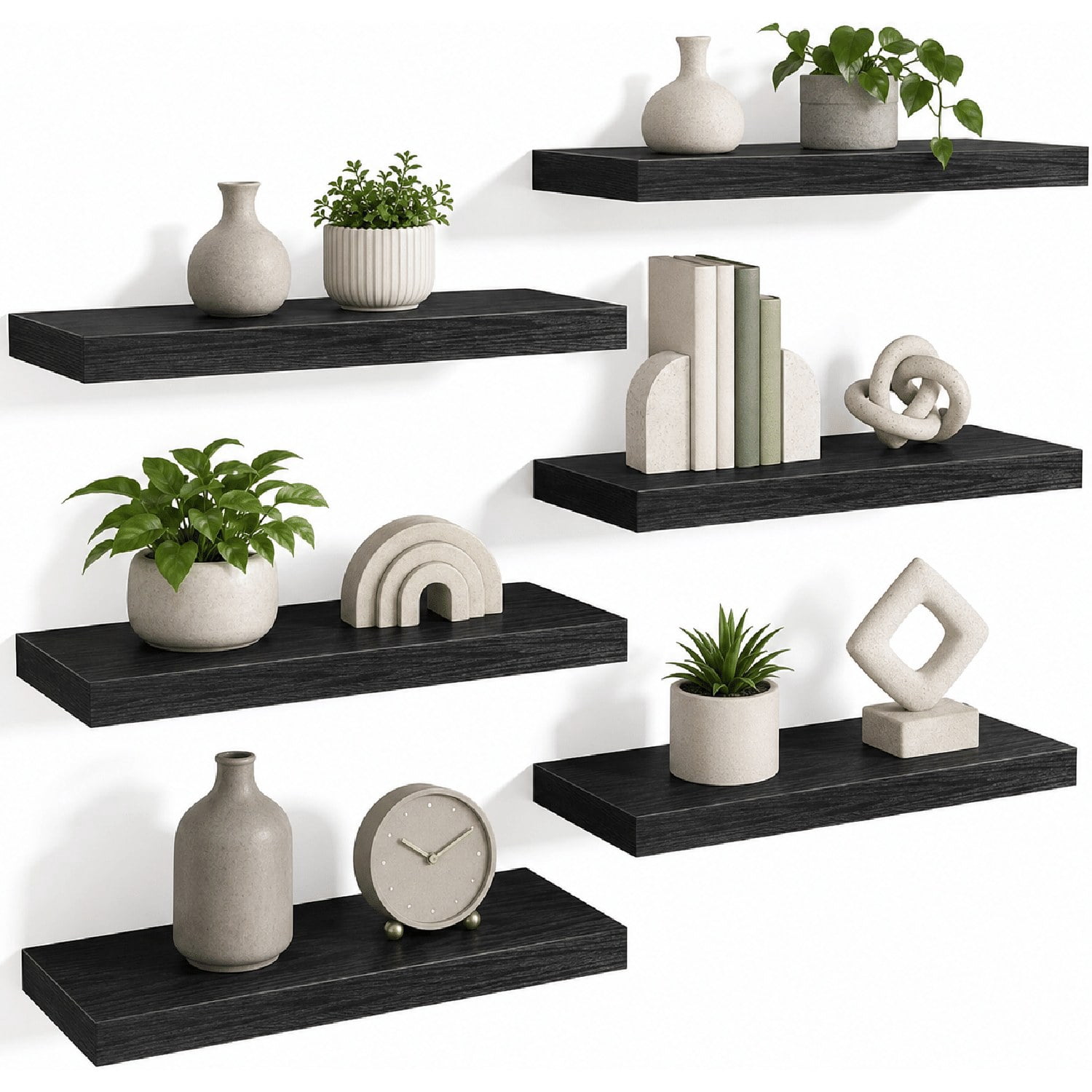 Floating Wall Shelves Set of 6, MDF Wall Mounted Storage Shelves with ...