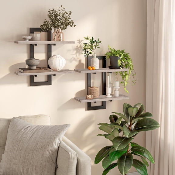 Floating Wall Shelves Set of 2 Greige + Black 2-Tier Storage for Living Room Bedroom Kitchen Bathroom